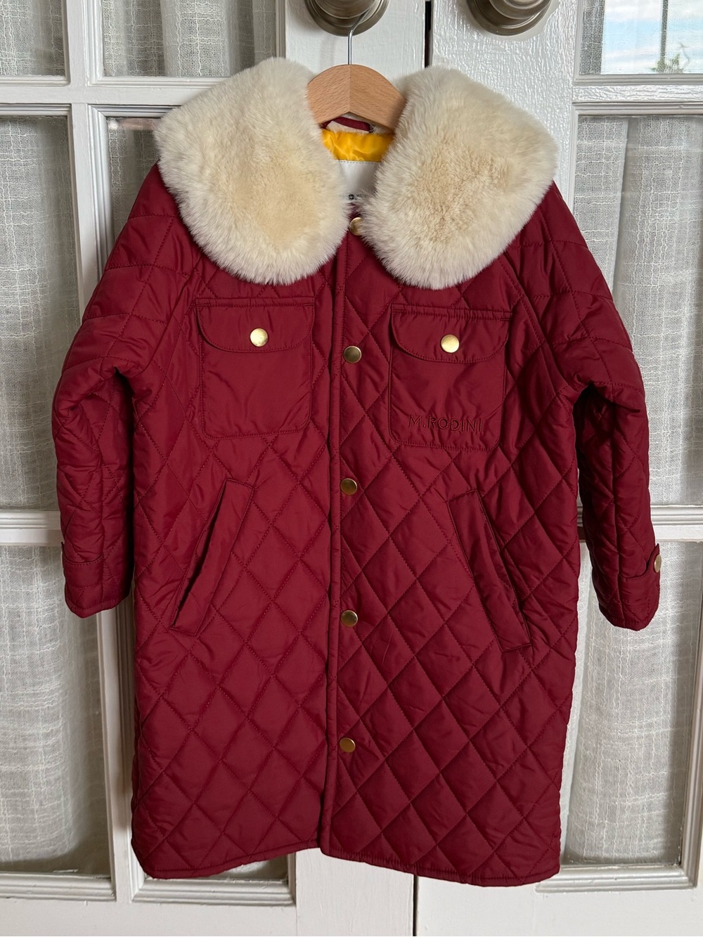 Mini Rodini Quilted Burgundy Puffer Coat with Cream Faux Fur Collar